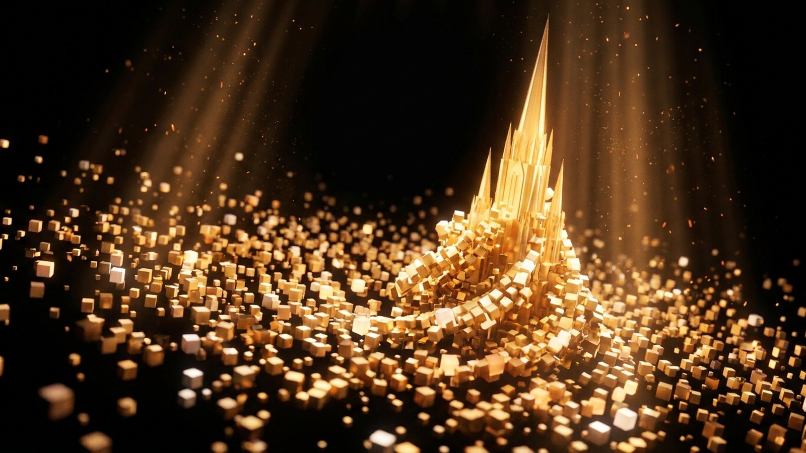 Countless golden blocks assembling into one monumental radiant structure