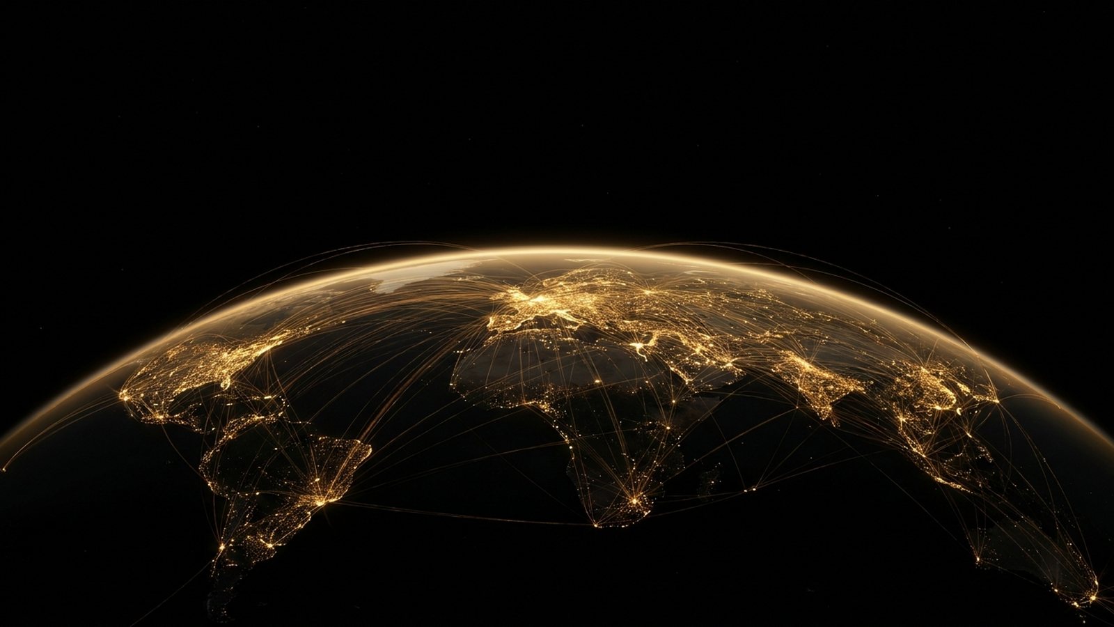 A dense golden network of voice connections spanning the night side of Earth, seen from space