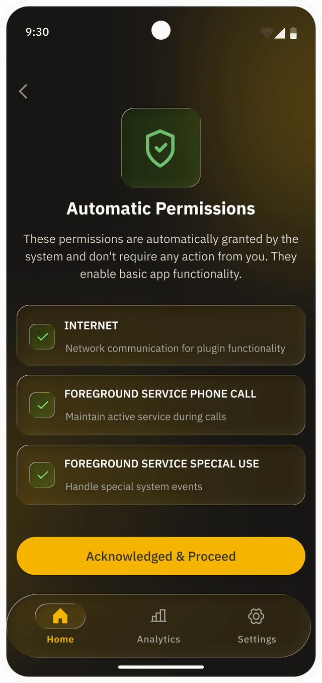 Jingle demo screen listing each permission with its reason