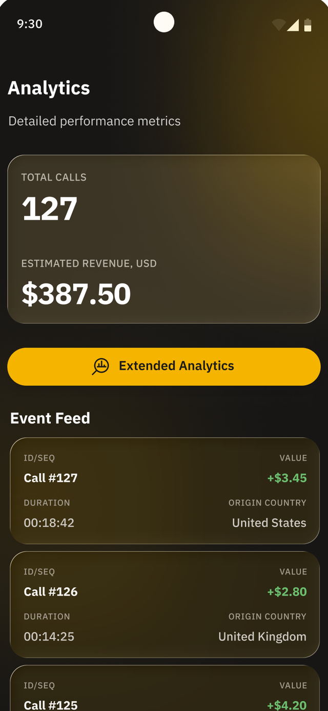 Jingle demo app analytics screen showing total calls and estimated revenue