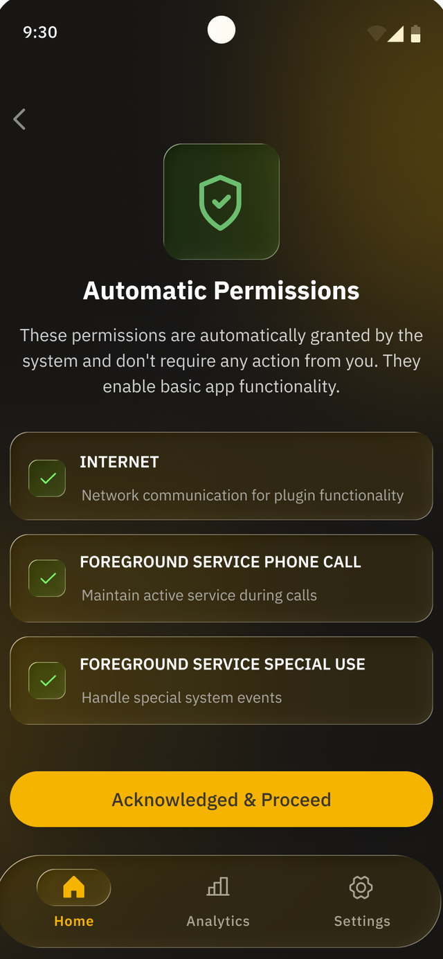 Jingle demo app Automatic Permissions screen listing each permission and the reason it is requested
