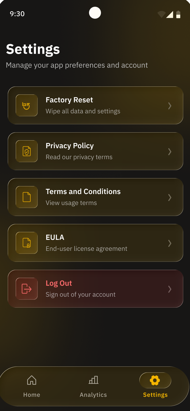 Jingle demo app settings screen showing privacy, terms, and logout controls