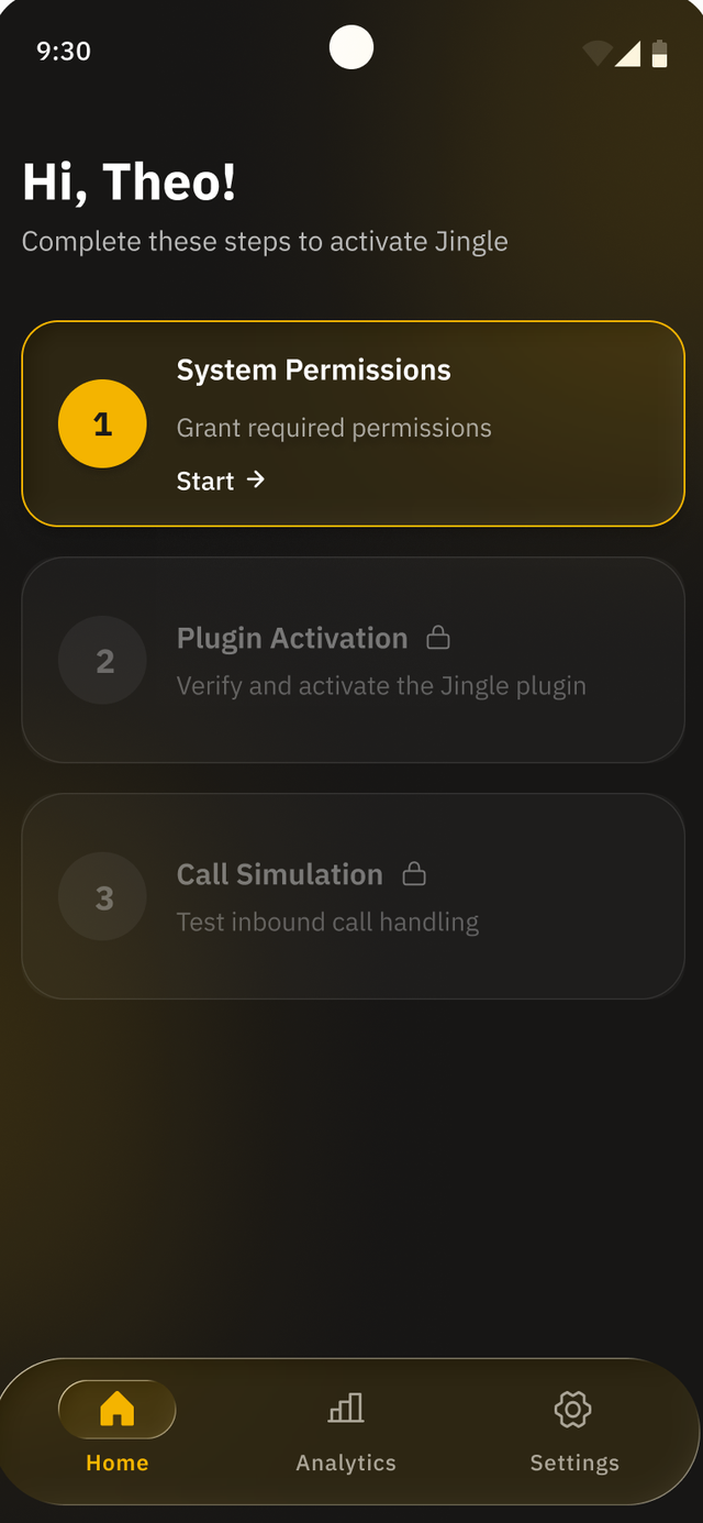 Jingle demo app guided three-step activation screen