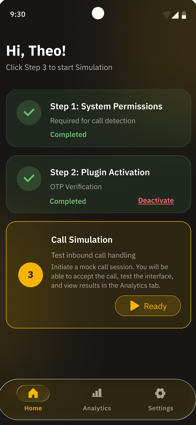 Jingle demo app home screen with a call simulation ready to run