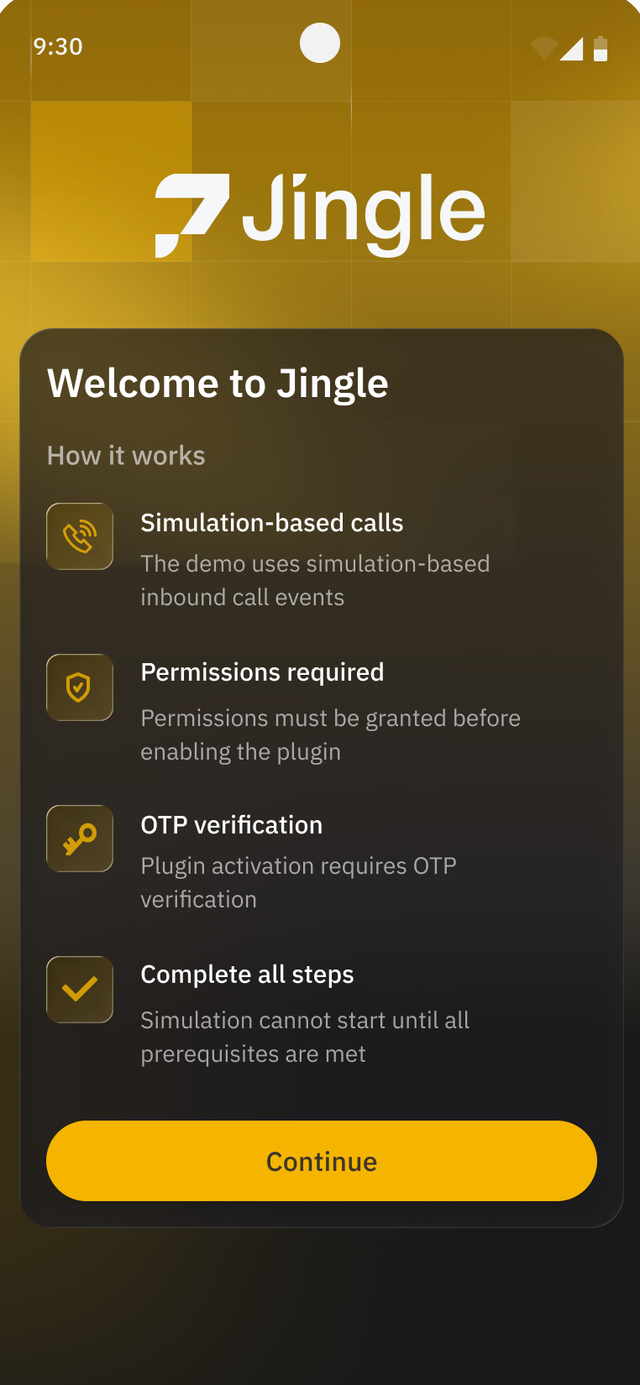 Jingle demo app welcome onboarding screen